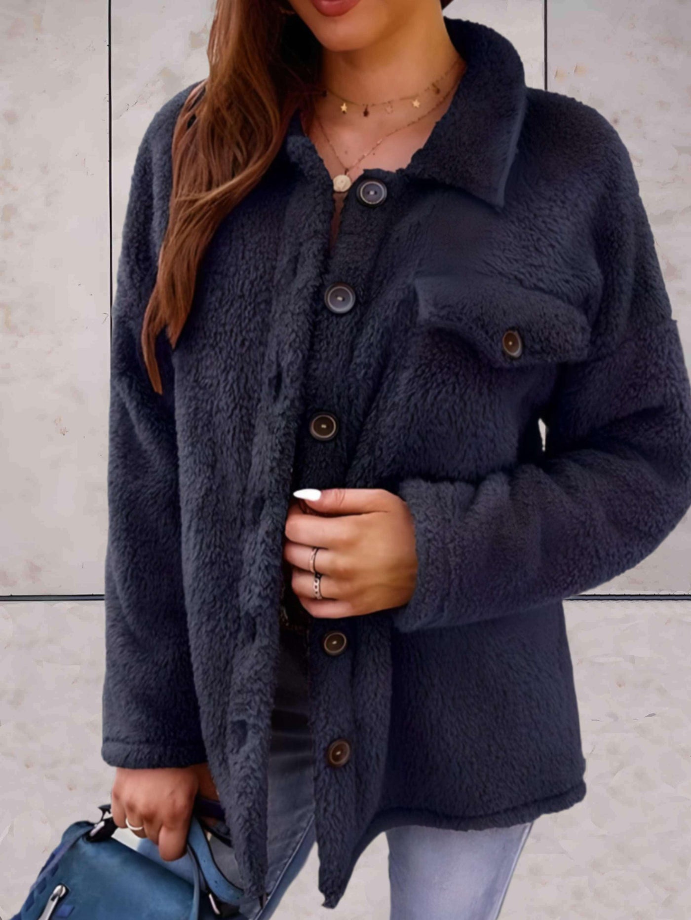 Chloé | Faux Fur Jacket with Polo Collar and Buttons