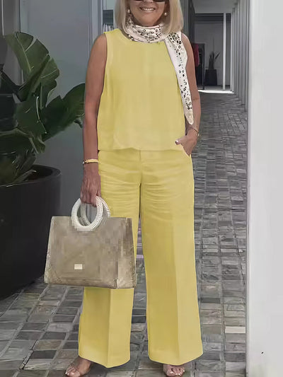 Linen and Cotton Set for Women, Sleeveless Blouse and Loose Pants