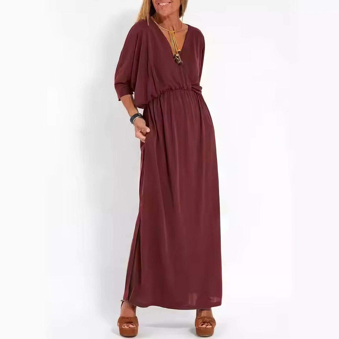 Vintage Long Evening Dress for Women, V-Neck and High Waist