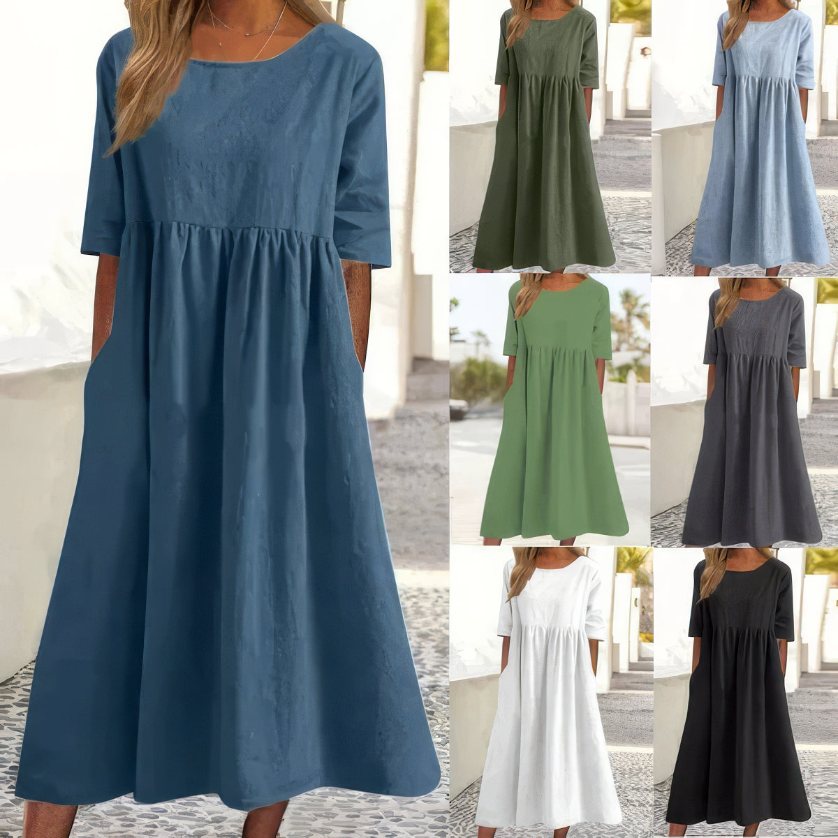 Cotton dress with round collar and pockets