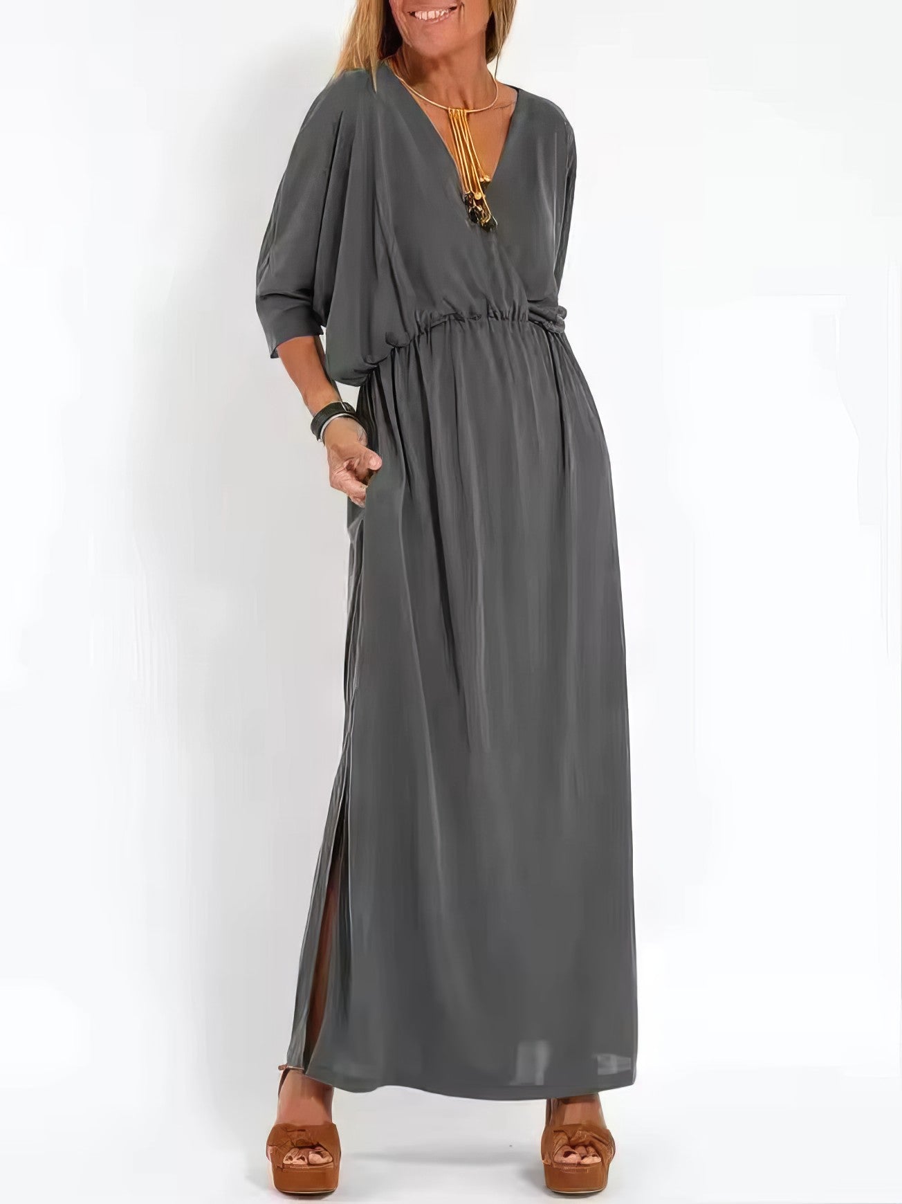 Vintage Long Evening Dress for Women, V-Neck and High Waist