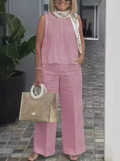 Linen and Cotton Set for Women, Sleeveless Blouse and Loose Pants