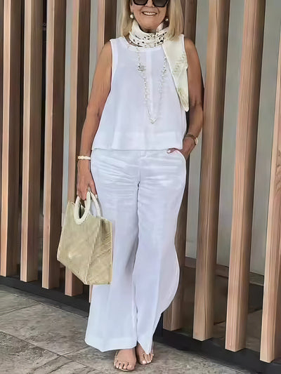 Linen and Cotton Set for Women, Sleeveless Blouse and Loose Pants