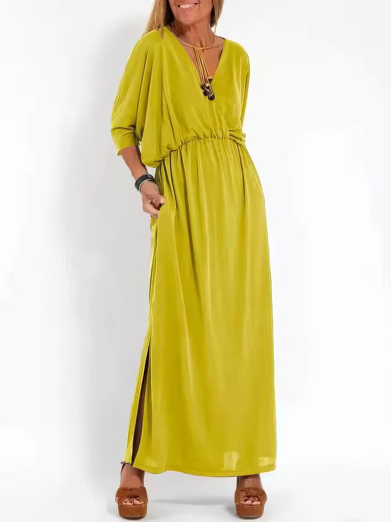 Vintage Long Evening Dress for Women, V-Neck and High Waist