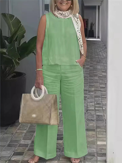 Linen and Cotton Set for Women, Sleeveless Blouse and Loose Pants