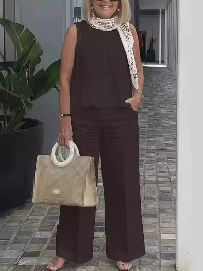 Linen and Cotton Set for Women, Sleeveless Blouse and Loose Pants