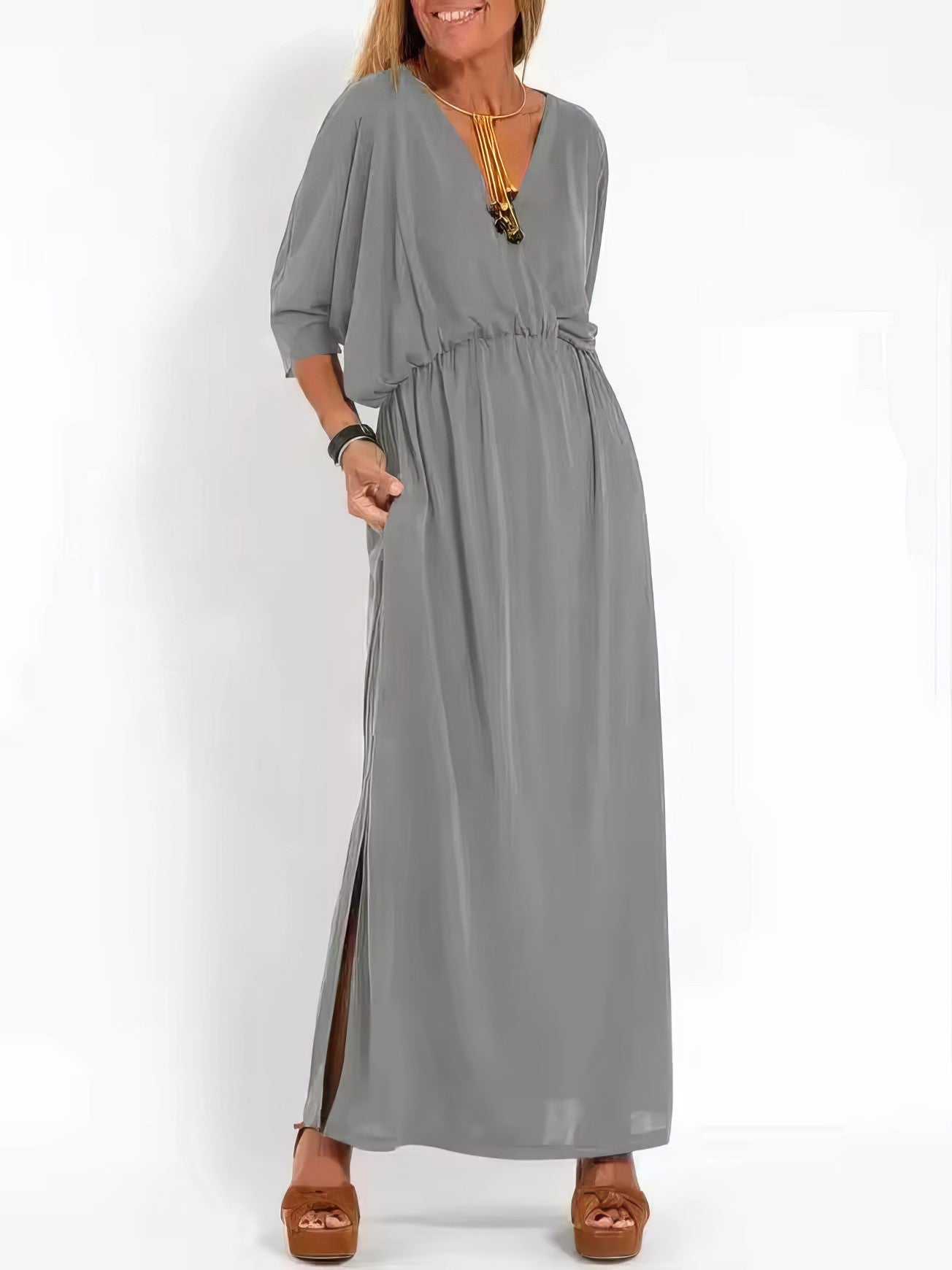 Vintage Long Evening Dress for Women, V-Neck and High Waist